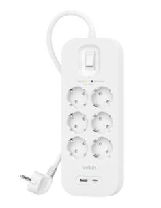 REGLETA PROTECTORA BELKIN 6 TOMAS + USB + USB-C WHITE 2M...