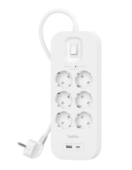 REGLETA PROTECTORA BELKIN 6 TOMAS + USB + USB-C WHITE 2M INTERRUPTOR