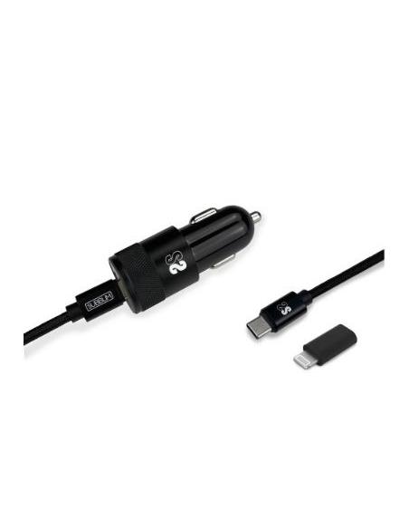 CARGADOR USB SUBBLIM 20W 3A USB + USB-C BLACK PARA COCHE + CABLE USB-C / LIGHTNING