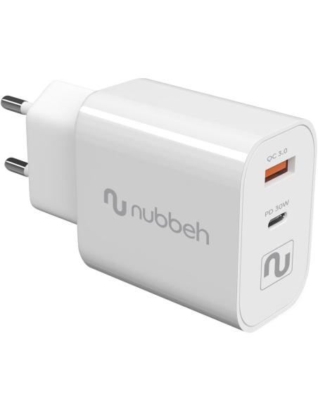 CARGADOR USB NUBBEH DUAL 30W USB + USB-C WHITE PARA CASA