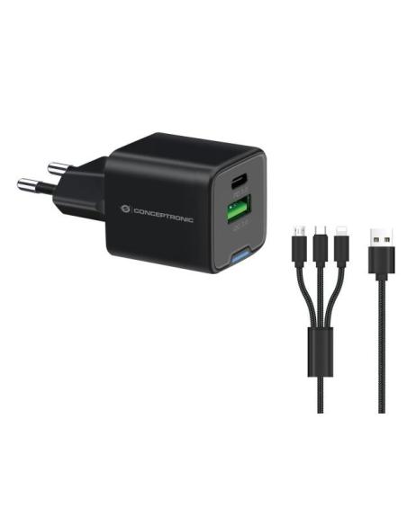 CARGADOR USB CONCEPTRONIC ALTHEA 33W USB-C + USB BLACK PARA CASA + CABLE 3 EN 1 USB-C / USB / LIGHTNING