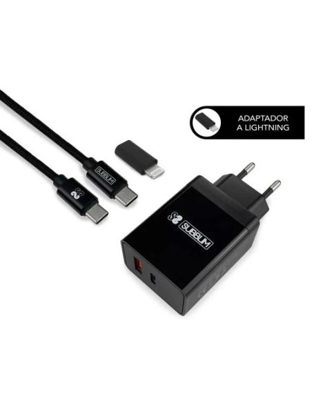 CARGADOR USB SUBBLIM 25W 3.1 A USB + USB-C BLACK PARA CASA + CABLE USB-C +ADAPTADOR USB-C A LIGHTNING