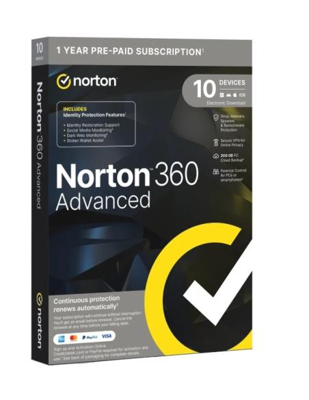 ANTIVIRUS NORTON 360 ADVANCE 200GB 1 USUARIO 10 DISPOSITIVOS DESCARGA